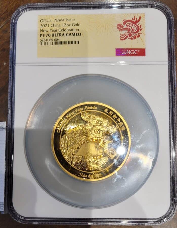 12oz 2021 Gold Panda obverse side